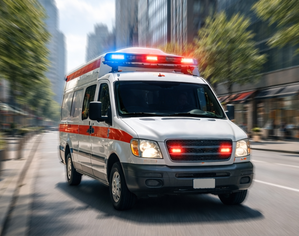 An ambulance with sirens on, indicating the Siren Detect feature.
