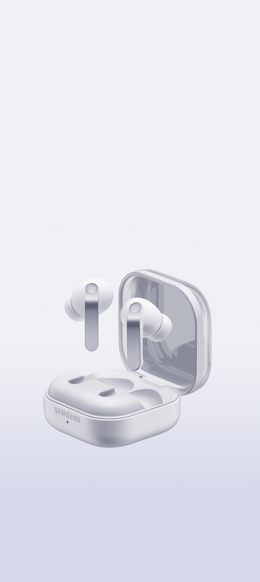 White Galaxy Buds4 Pro Charging Case open with the earbuds above.