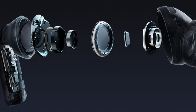 A single Galaxy Buds4 Pro earbud in an exploded view, showing the audio system within, including the wider woofer and the tweeter of the 2-way Speaker.